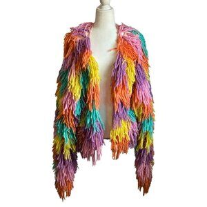 Hot & Delicious Multicolor Shaggy Fringe Open-Knit Jacket - Size L